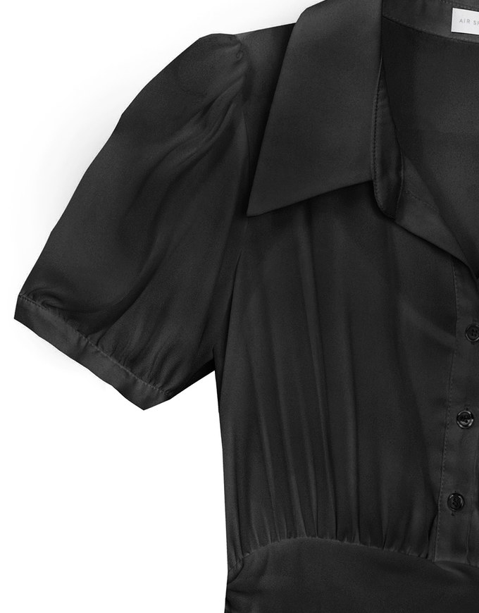 Sheer Chiffon Puff Sleeve Collared Mini Dress with Ruched Waistband Detail