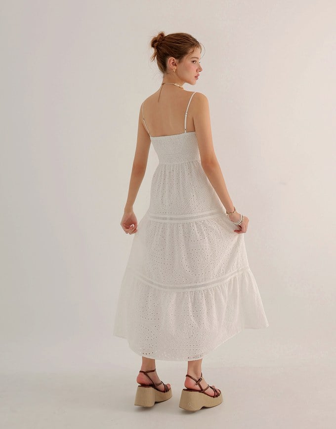 Boho Bohemian Style V Neck Eyelet Lace Tiered Padded Maxi Dress
