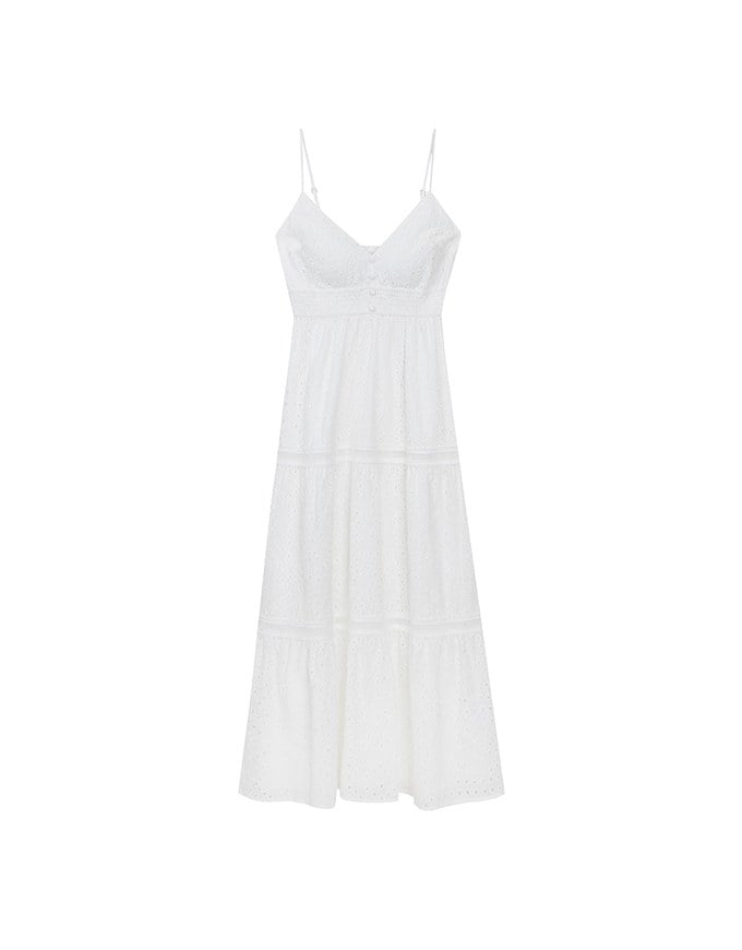 Boho Bohemian Style V Neck Eyelet Lace Tiered Padded Maxi Dress