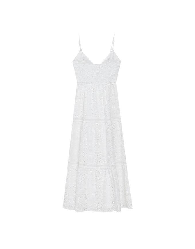 Boho Bohemian Style V Neck Eyelet Lace Tiered Padded Maxi Dress