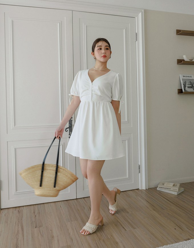 Ruched V Neck Puff Sleeve Flare Mini Dress