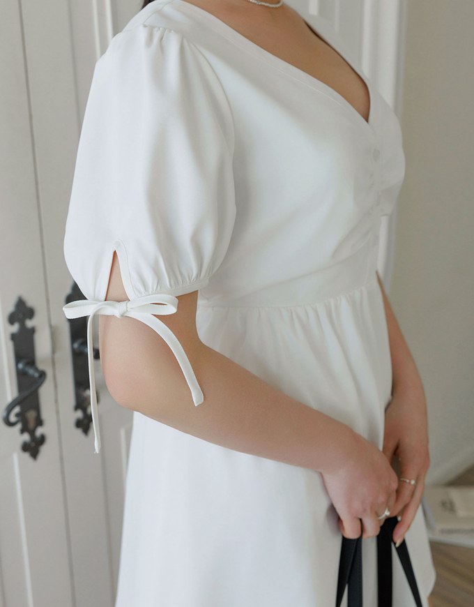 Ruched V Neck Puff Sleeve Flare Mini Dress