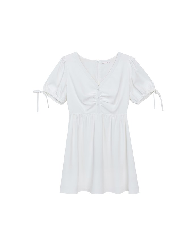 Ruched V Neck Puff Sleeve Flare Mini Dress