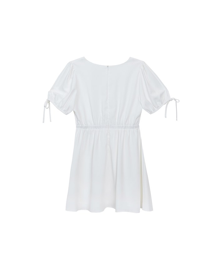 Ruched V Neck Puff Sleeve Flare Mini Dress