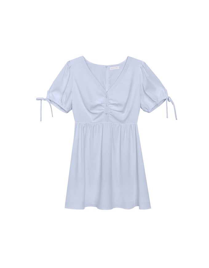 Ruched V Neck Puff Sleeve Flare Mini Dress