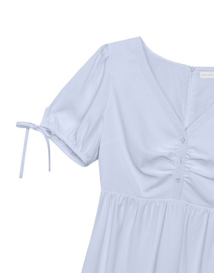 Ruched V Neck Puff Sleeve Flare Mini Dress