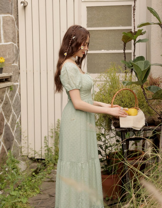 Embroidered Ditsy Floral Maxi Dress with Puff Sleeves and Ruffled Hem