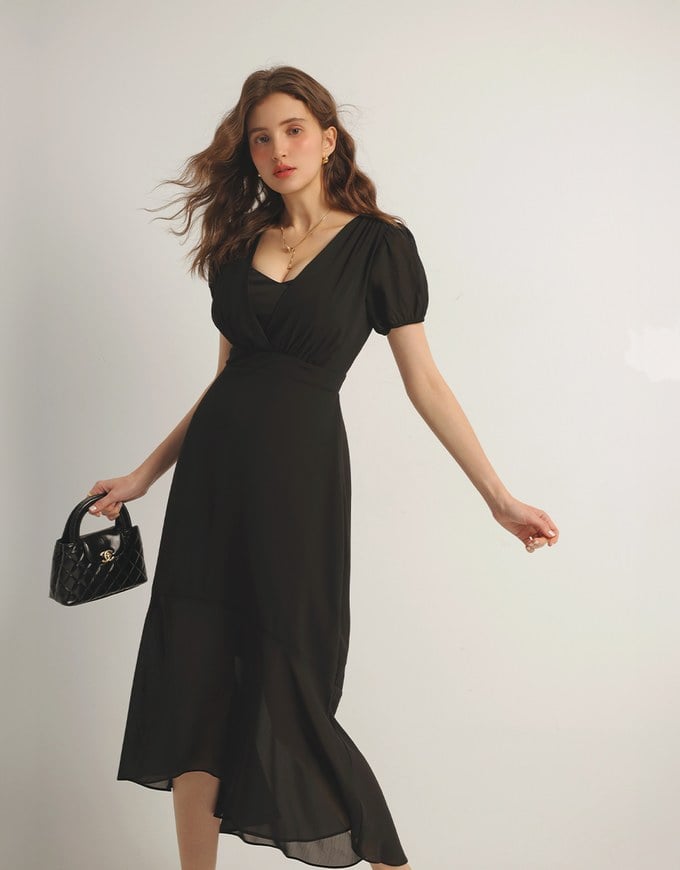 V Neck Sheer Puff Sleeve Padded Maxi Dress with Draped Asymmetrical Hemline