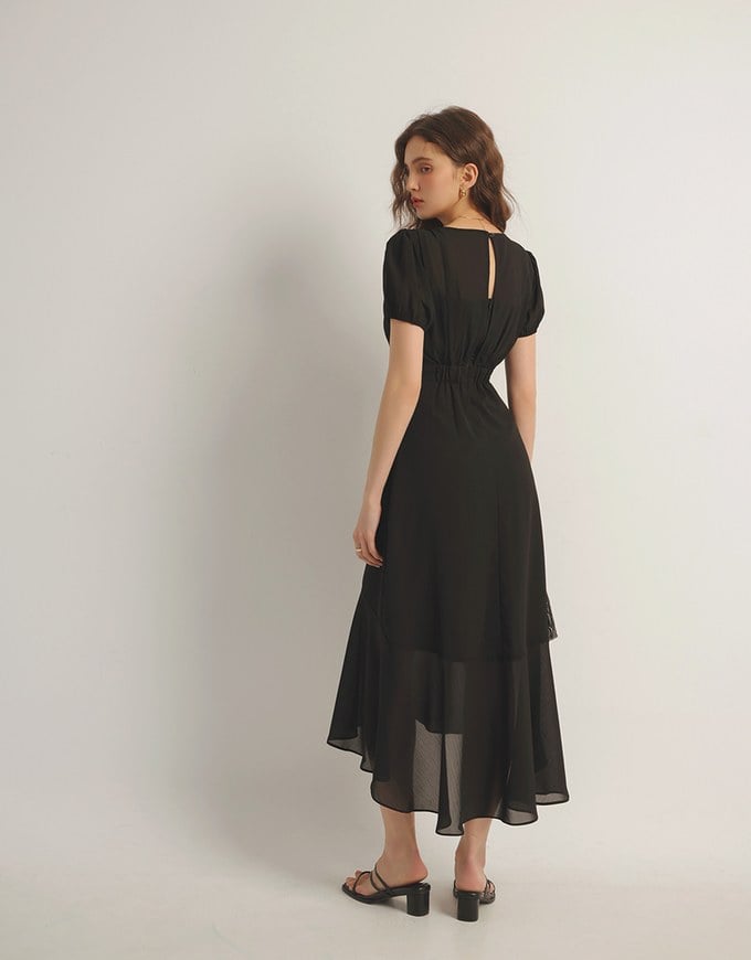V Neck Sheer Puff Sleeve Padded Maxi Dress with Draped Asymmetrical Hemline