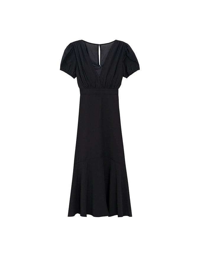 V Neck Sheer Puff Sleeve Padded Maxi Dress with Draped Asymmetrical Hemline
