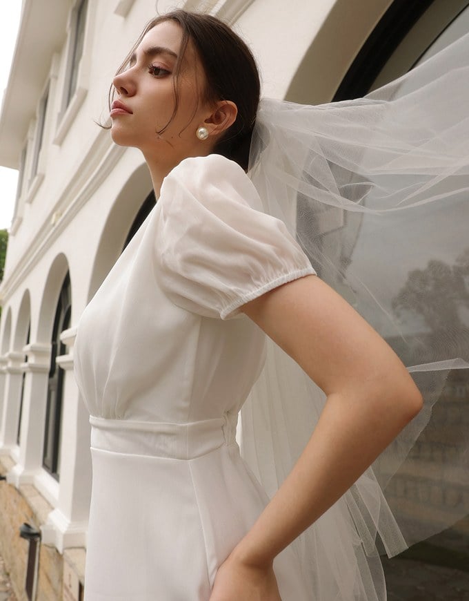 V Neck Sheer Puff Sleeve Padded Maxi Dress with Draped Asymmetrical Hemline