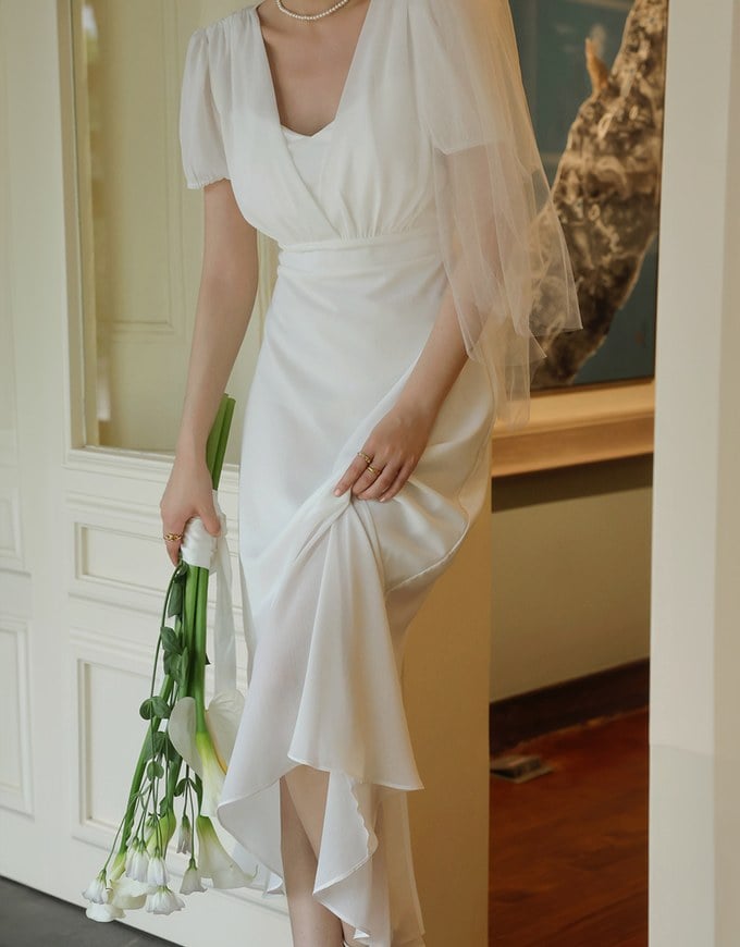 V Neck Sheer Puff Sleeve Padded Maxi Dress with Draped Asymmetrical Hemline