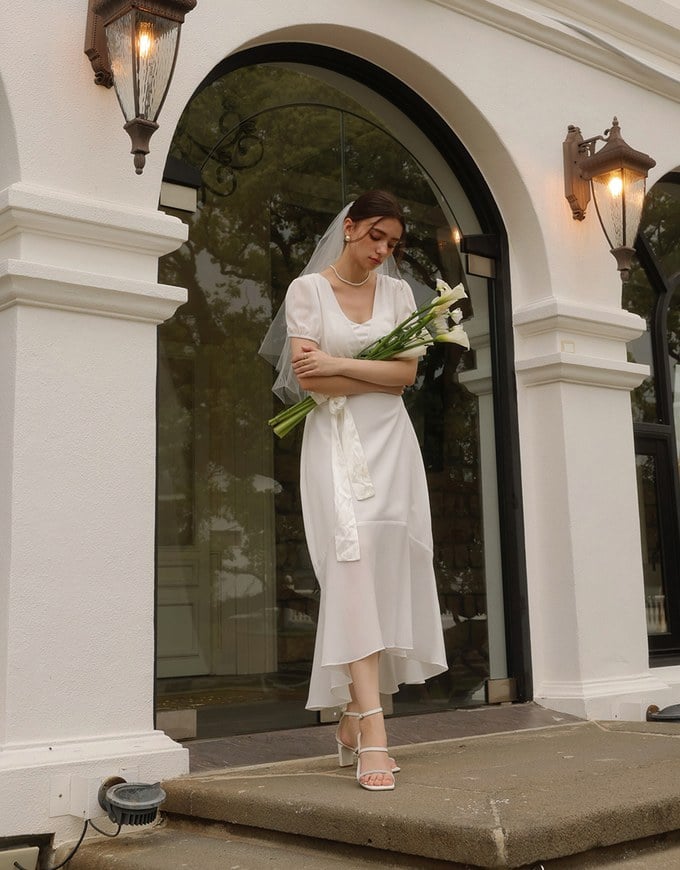 V Neck Sheer Puff Sleeve Padded Maxi Dress with Draped Asymmetrical Hemline