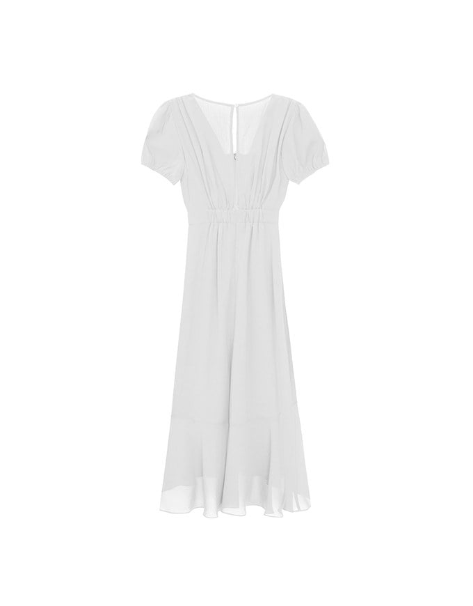 V Neck Sheer Puff Sleeve Padded Maxi Dress with Draped Asymmetrical Hemline