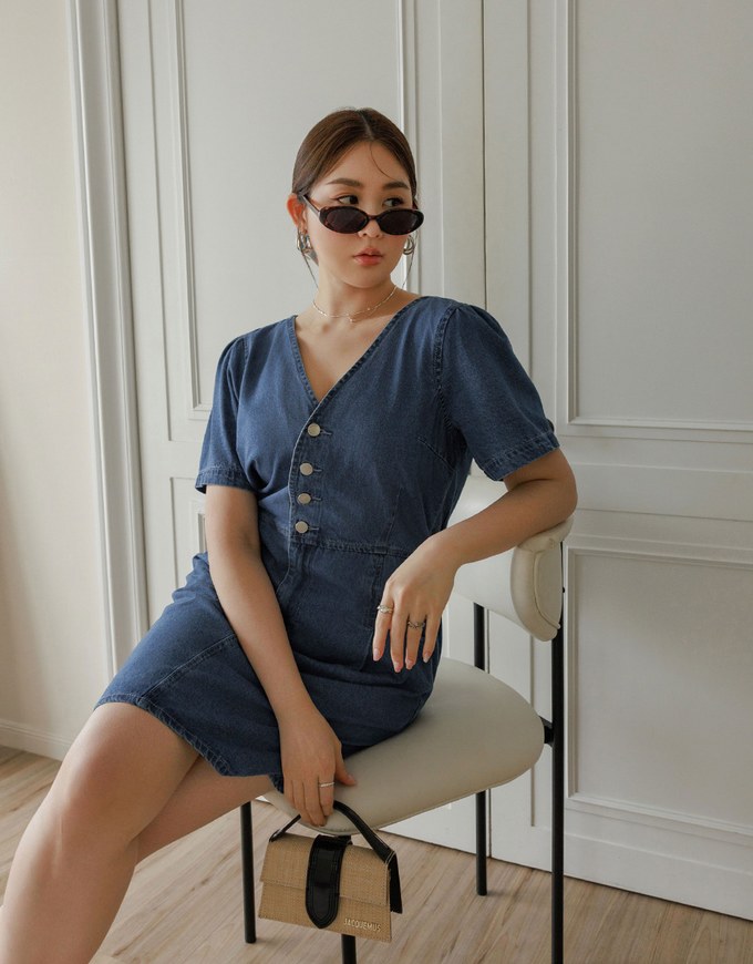 Short Sleeve V Neck Front Button Jeans Denim Mini Dress