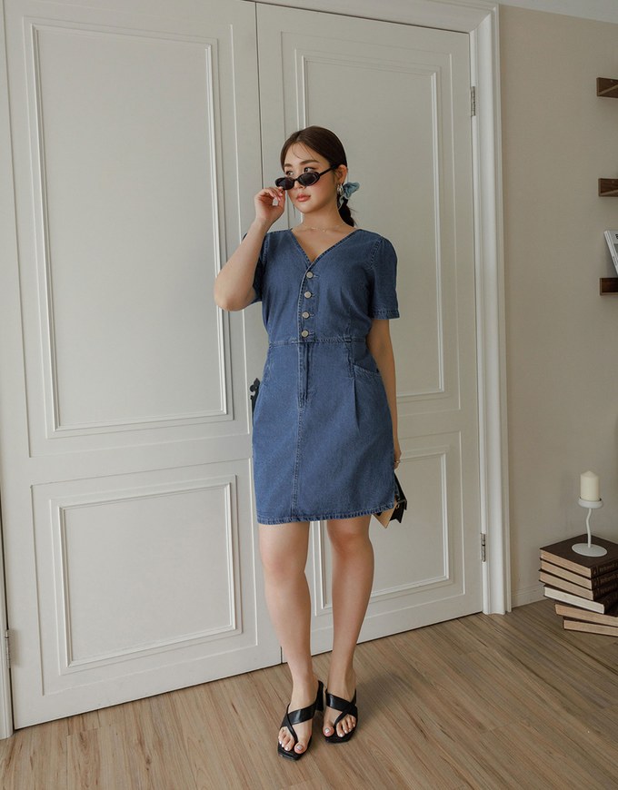 Short Sleeve V Neck Front Button Jeans Denim Mini Dress