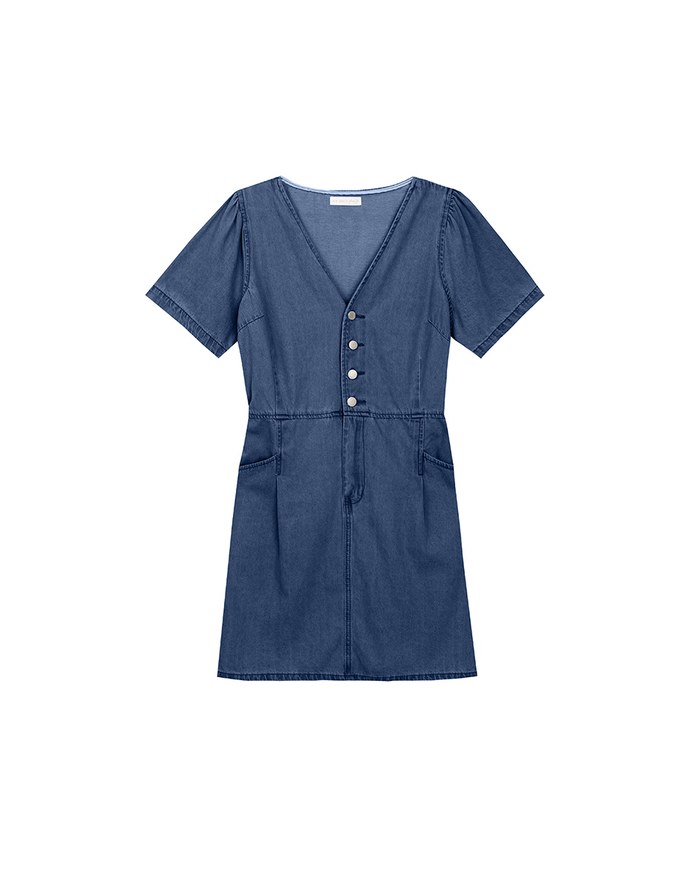 Short Sleeve V Neck Front Button Jeans Denim Mini Dress