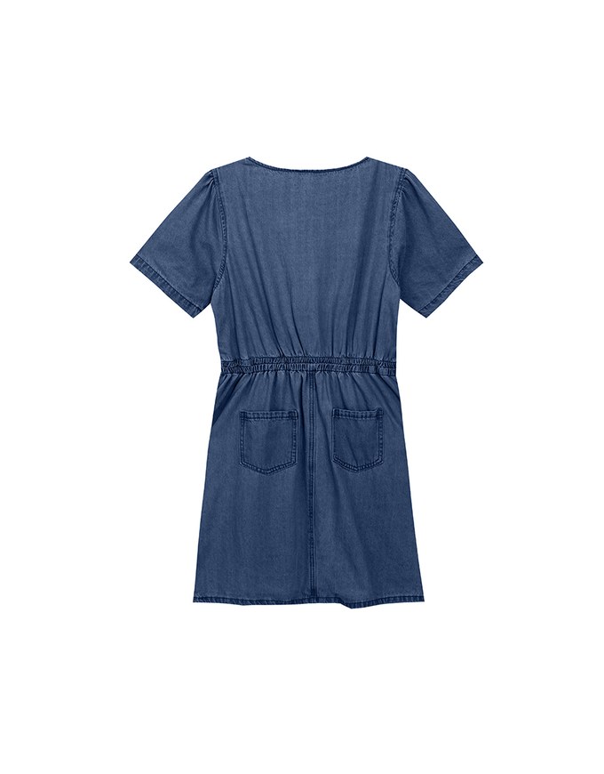 Short Sleeve V Neck Front Button Jeans Denim Mini Dress