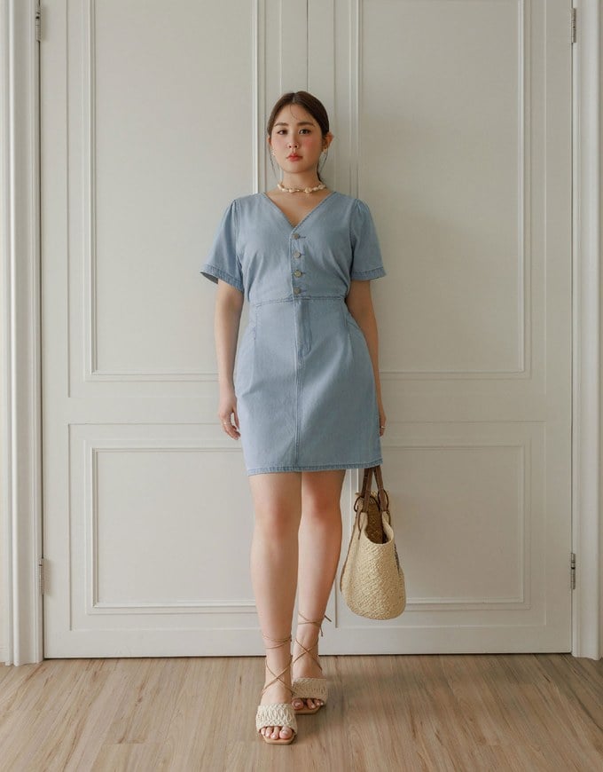 Short Sleeve V Neck Front Button Jeans Denim Mini Dress