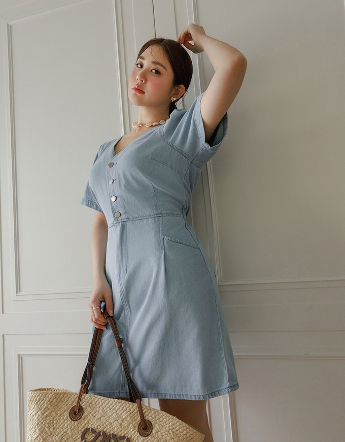 Short Sleeve V Neck Front Button Jeans Denim Mini Dress