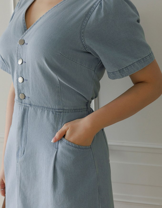 Short Sleeve V Neck Front Button Jeans Denim Mini Dress