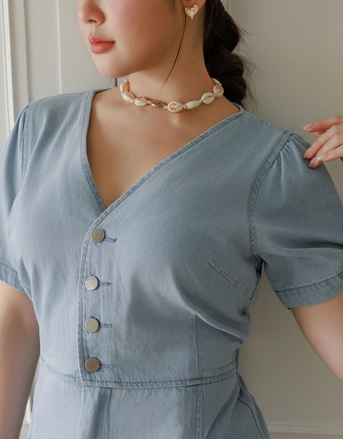 Short Sleeve V Neck Front Button Jeans Denim Mini Dress