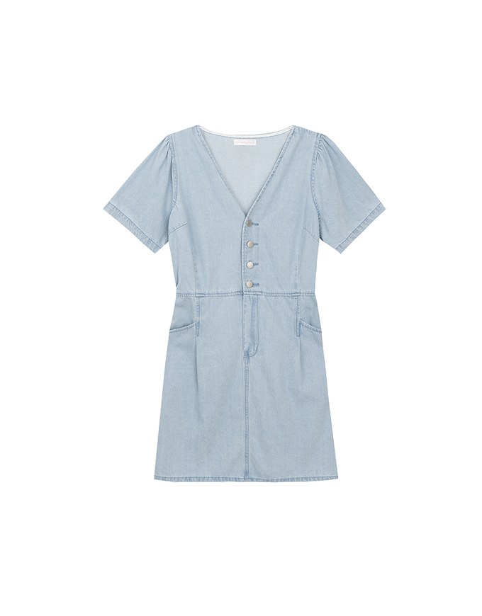Short Sleeve V Neck Front Button Jeans Denim Mini Dress