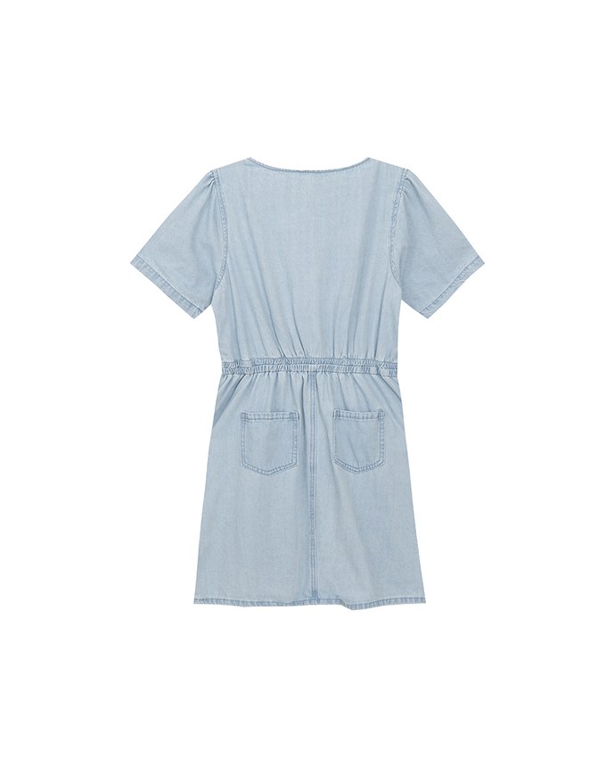 Short Sleeve V Neck Front Button Jeans Denim Mini Dress