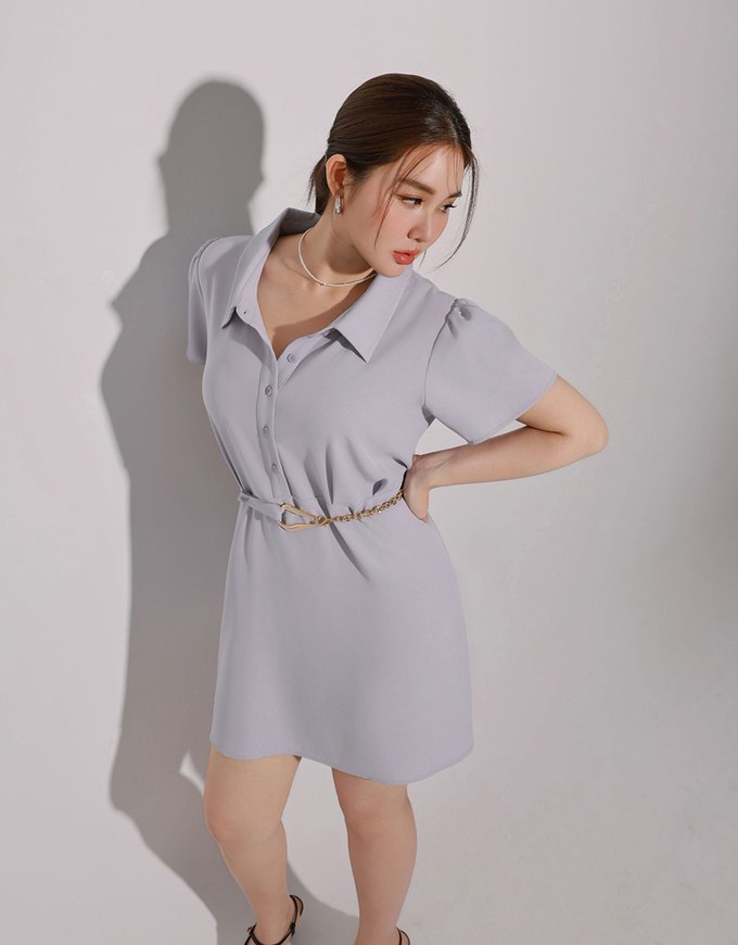 Button Up Short Sleeve Collared Shirt Dress with Gold Chain Detail