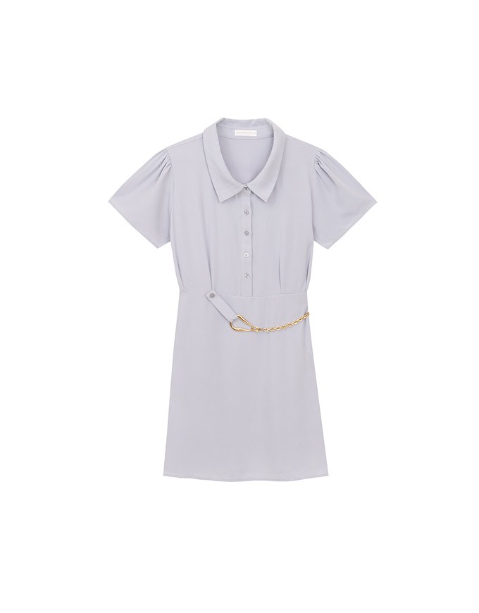 Button Up Short Sleeve Collared Shirt Dress with Gold Chain Detail