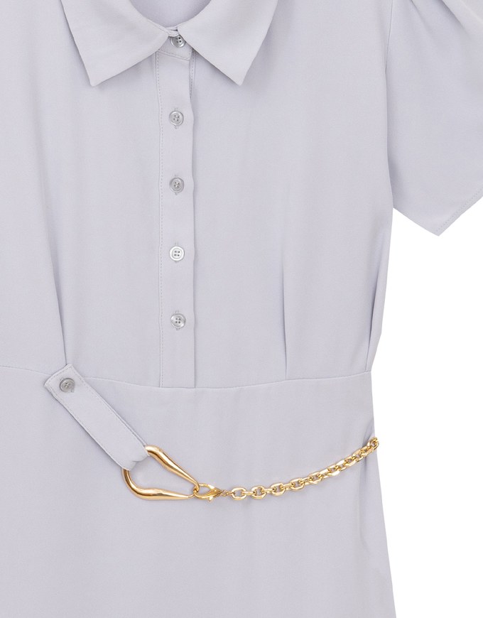 Button Up Short Sleeve Collared Shirt Dress with Gold Chain Detail