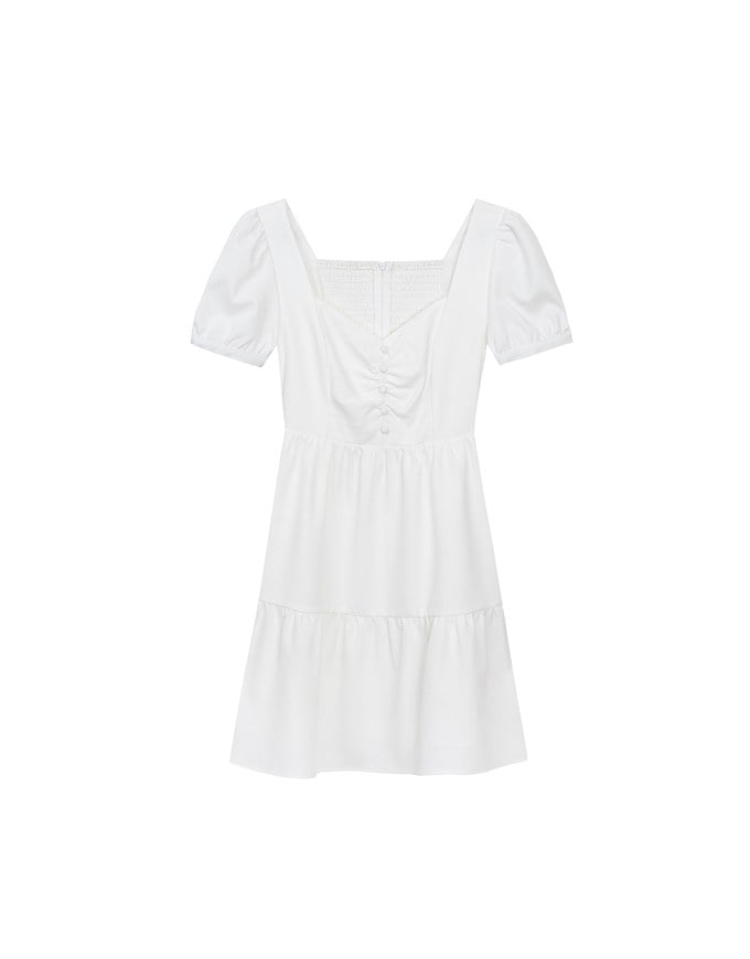 Sweetheart Neckline Puff Sleeve Tiered Mini Dress with Button Detail