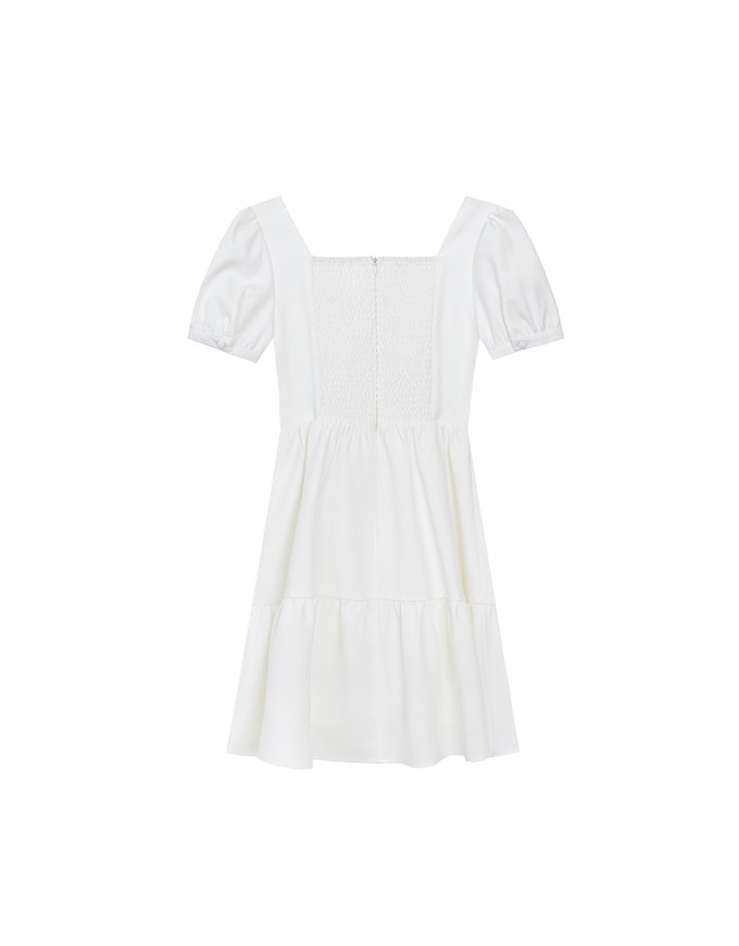 Sweetheart Neckline Puff Sleeve Tiered Mini Dress with Button Detail