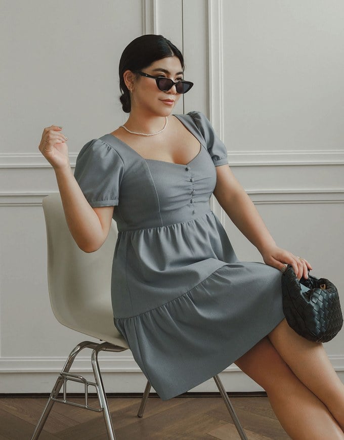 Sweetheart Neckline Puff Sleeve Tiered Mini Dress with Button Detail