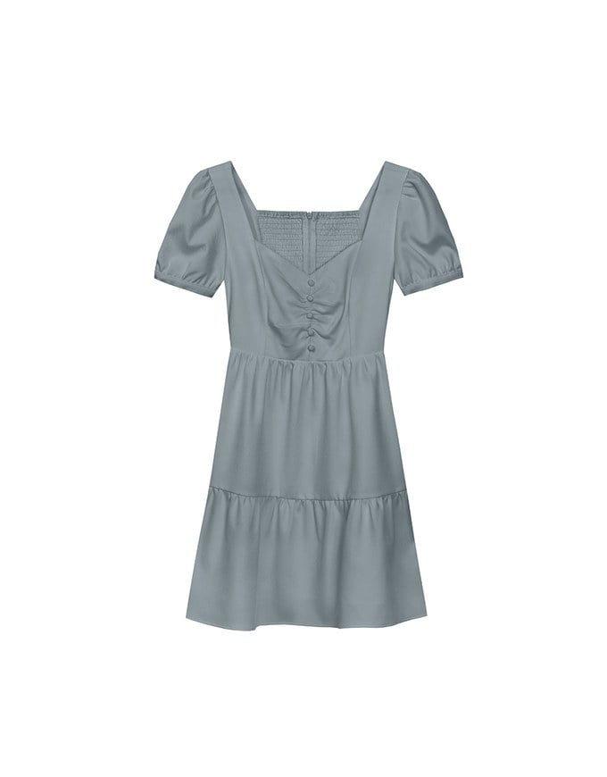 Sweetheart Neckline Puff Sleeve Tiered Mini Dress with Button Detail