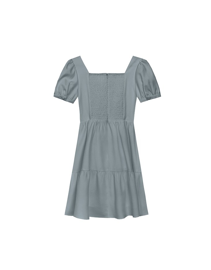 Sweetheart Neckline Puff Sleeve Tiered Mini Dress with Button Detail