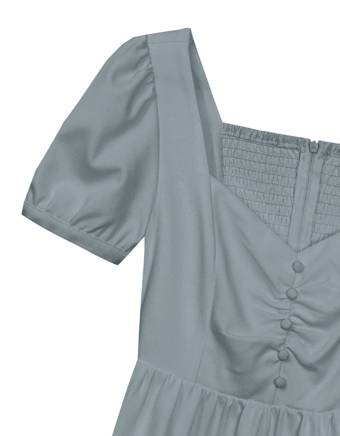 Sweetheart Neckline Puff Sleeve Tiered Mini Dress with Button Detail