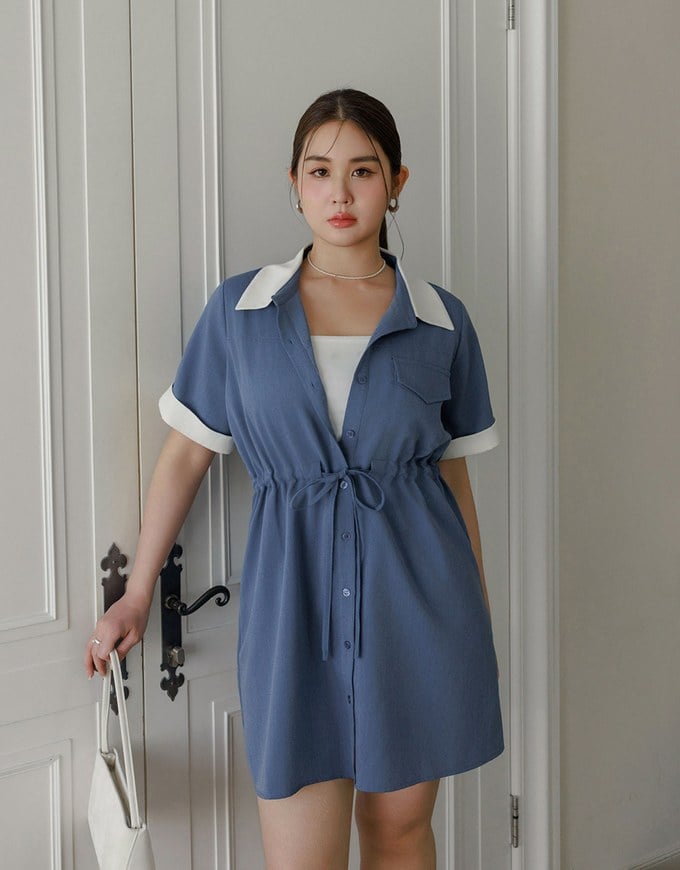 Contrast Collar Button Front Shirt Mini Dress with Drawstring Waist