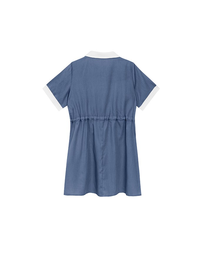 Contrast Collar Button Front Shirt Mini Dress with Drawstring Waist