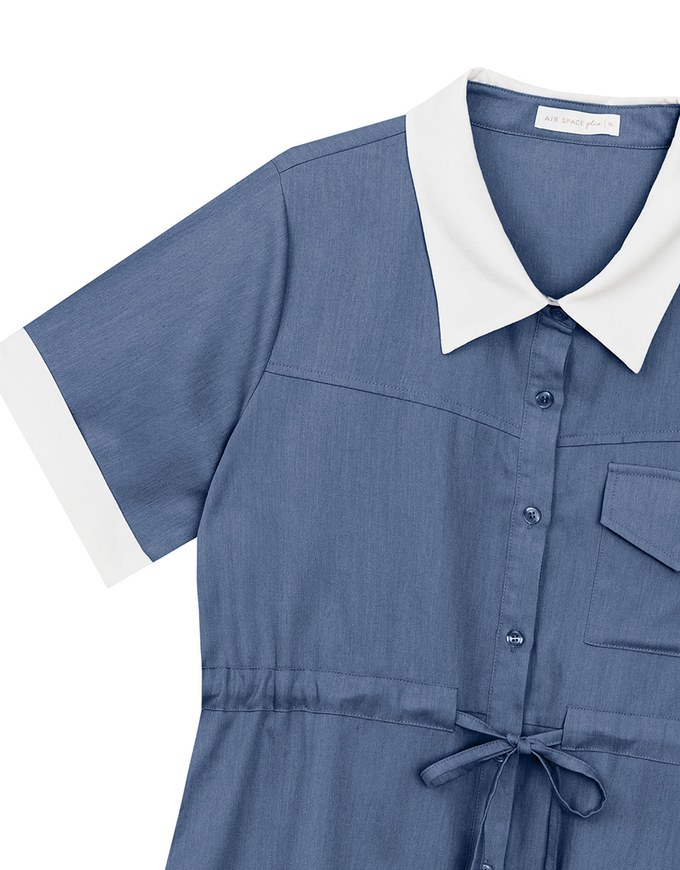 Contrast Collar Button Front Shirt Mini Dress with Drawstring Waist