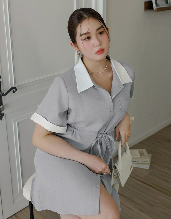 Contrast Collar Button Front Shirt Mini Dress with Drawstring Waist