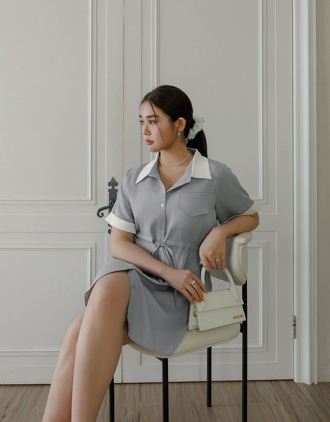 Contrast Collar Button Front Shirt Mini Dress with Drawstring Waist