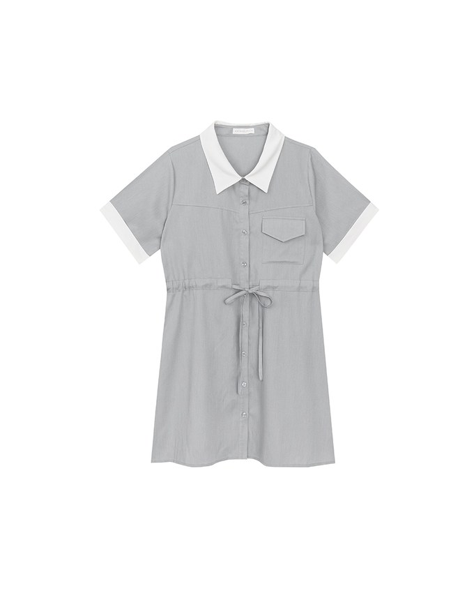 Contrast Collar Button Front Shirt Mini Dress with Drawstring Waist