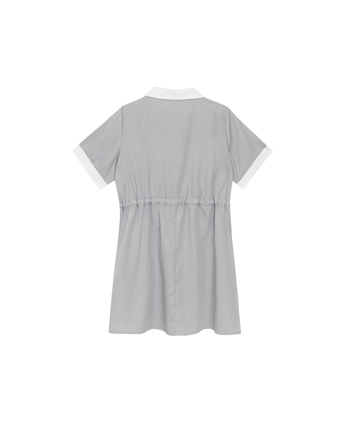 Contrast Collar Button Front Shirt Mini Dress with Drawstring Waist