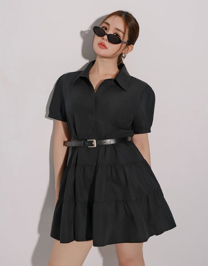 Button Down Puff Sleeve Flare Hem Tiered Mini Shirt Dress