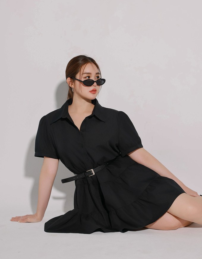 Button Down Puff Sleeve Flare Hem Tiered Mini Shirt Dress