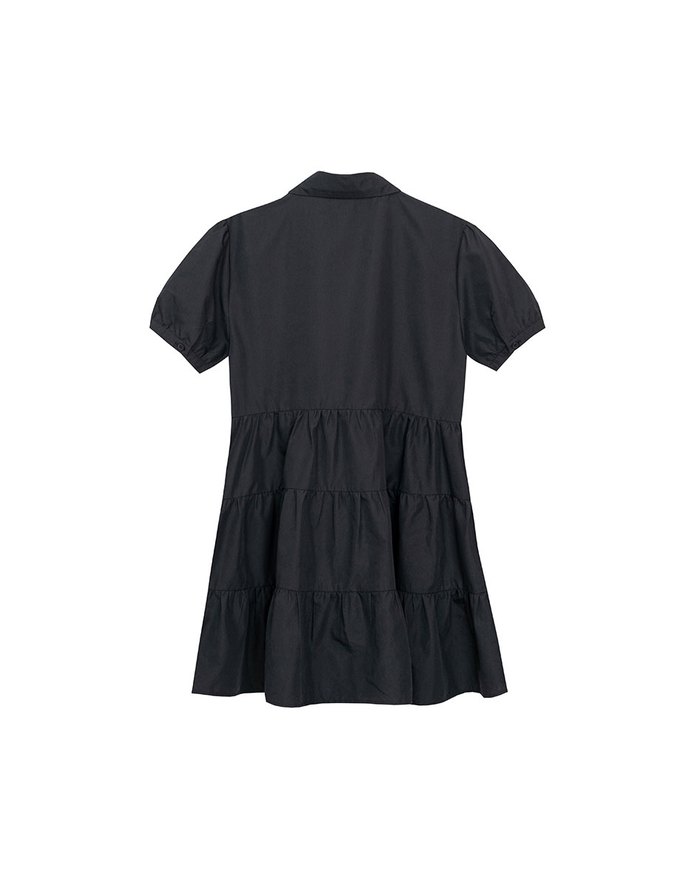 Button Down Puff Sleeve Flare Hem Tiered Mini Shirt Dress