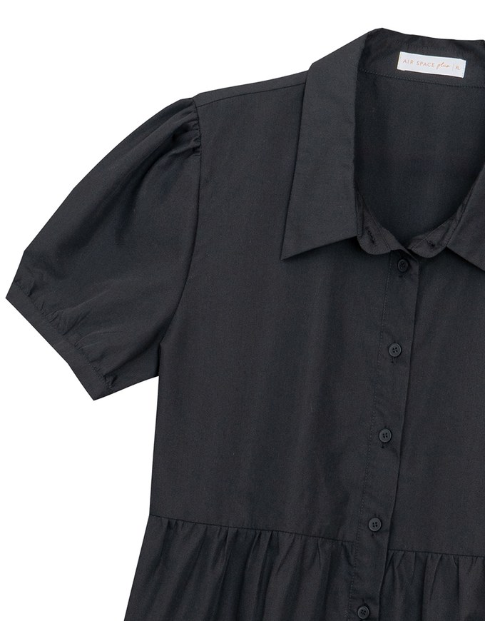 Button Down Puff Sleeve Flare Hem Tiered Mini Shirt Dress