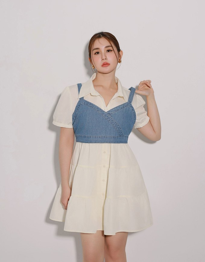 Button Down Puff Sleeve Flare Hem Tiered Mini Shirt Dress