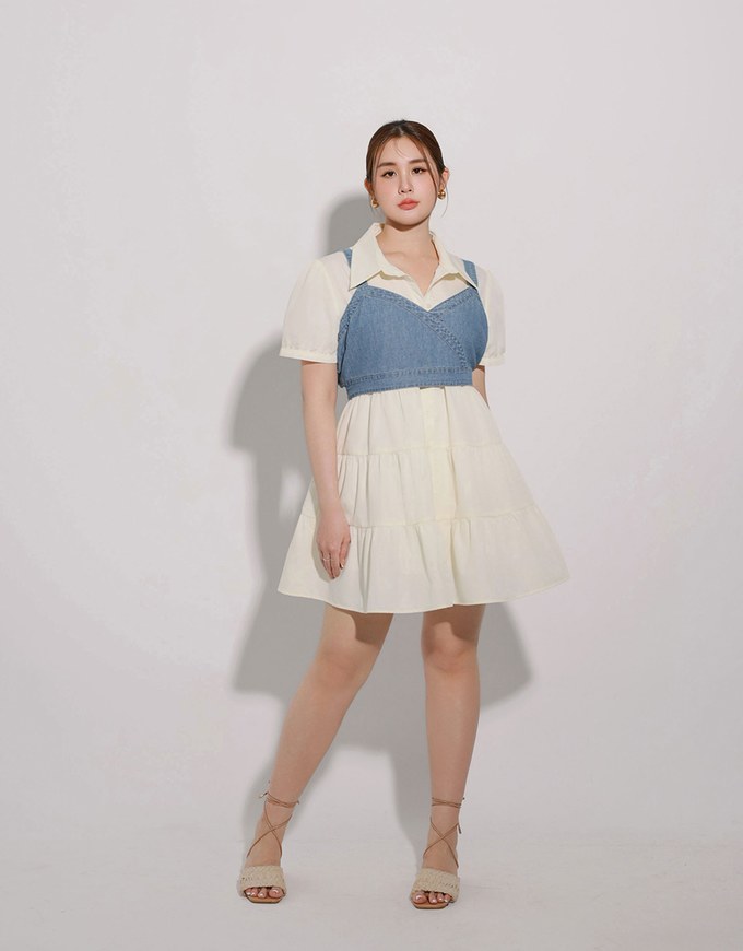 Button Down Puff Sleeve Flare Hem Tiered Mini Shirt Dress